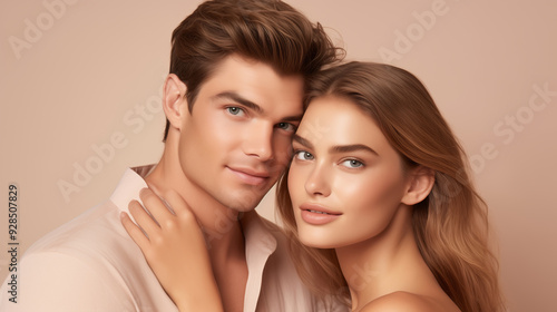 Beauty portrait of pretty young couple, beautiful woman and man together posing on studio background