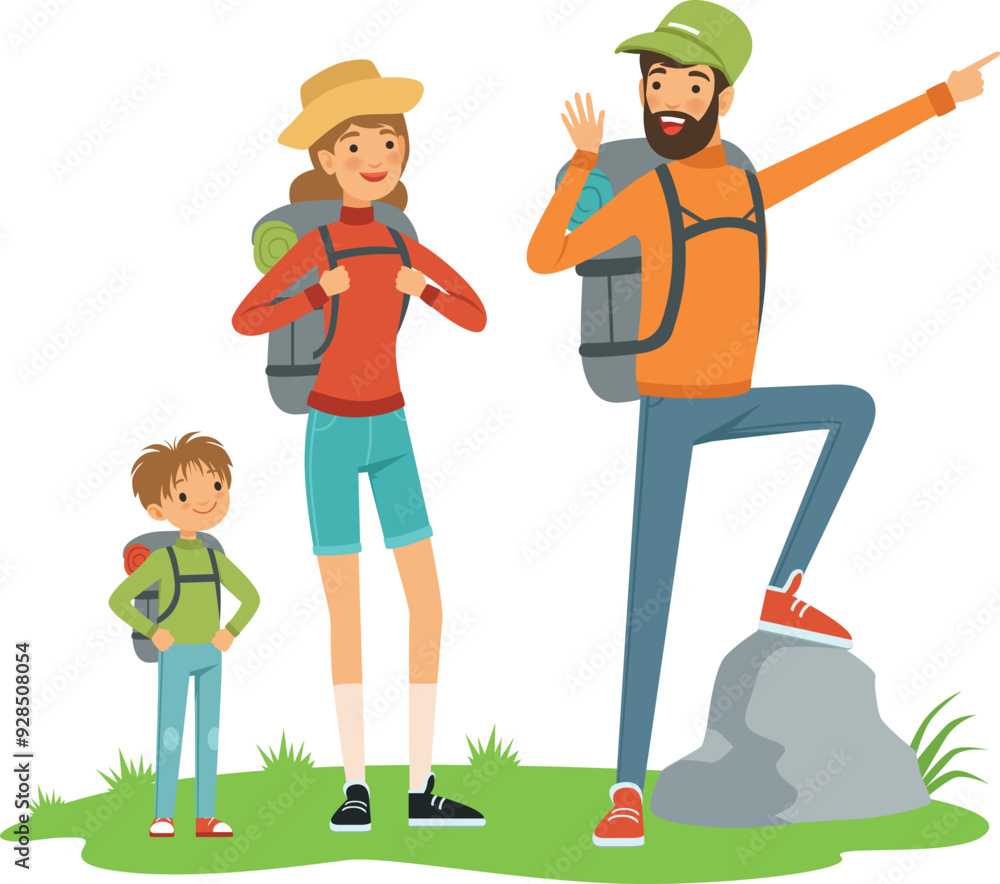 Family hiking together. Parents and kid with travel backpack Family hiking together. Parents and kid with travel backpack