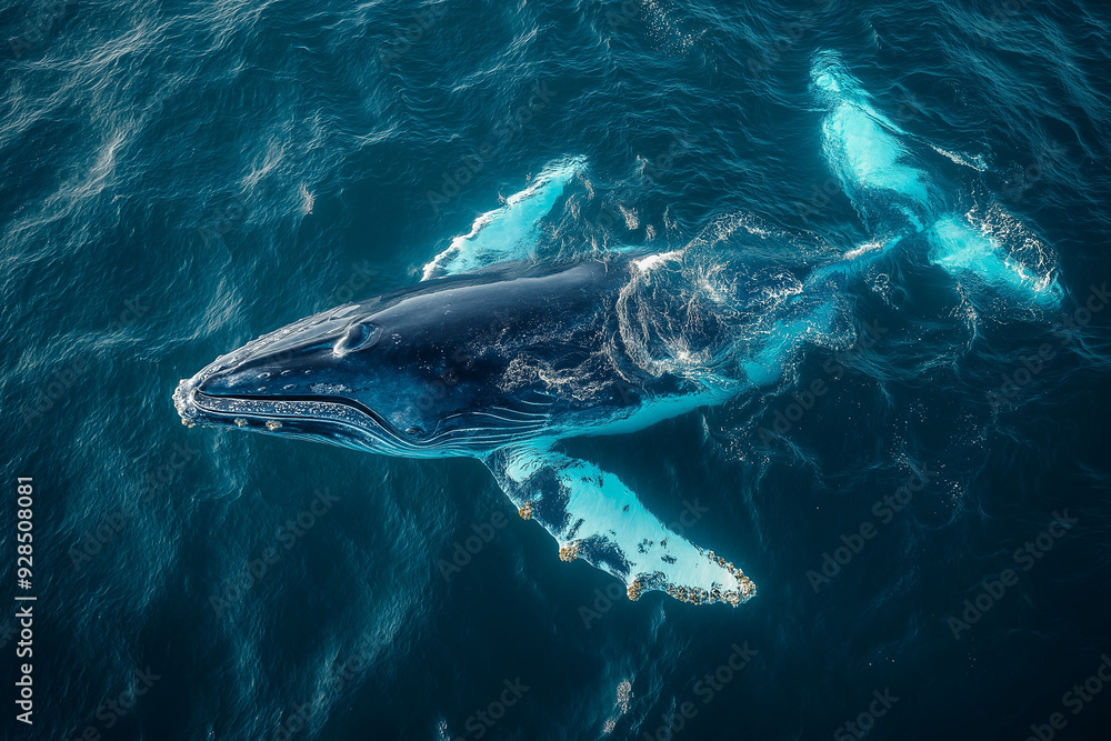 Fototapeta premium Ariel view of a humpback whale swimming in the water