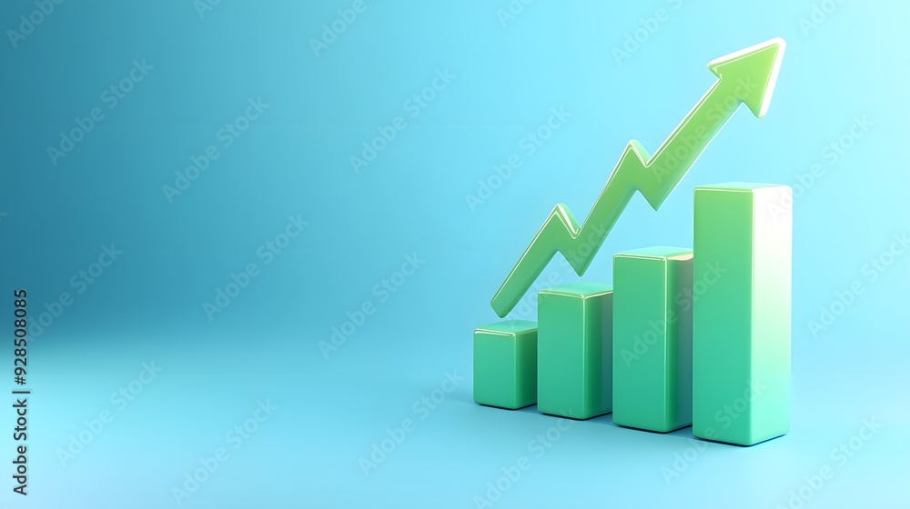 3D green bar graph ascending with an arrow on a blue background, representing growth, success, and progress in business or finance.