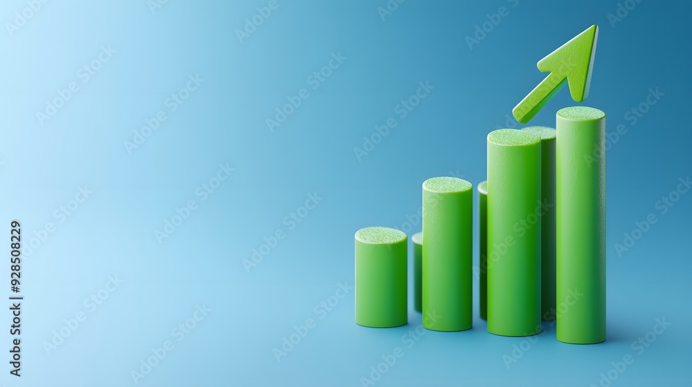 3D green bar graph on blue background with upward arrow symbolizing growth, success, and progress in business or finance. 3D green bar graph on blue background with upward arrow symbolizing growth, success, and progress in business or finance.