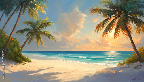 peaceful beach scene with soft white sand, gently swaying palm trees, and a turquoise ocean stretching out to the horizon. The sun is setting, casting a golden glow across the sky and water.