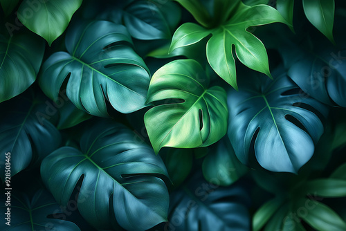 Green leaves of Monstera plant growing in wild, the tropical forest plant background.