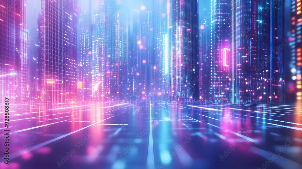 Futuristic Cityscape with Neon Lights and Digital Grid Futuristic Cityscape with Neon Lights and Digital Grid