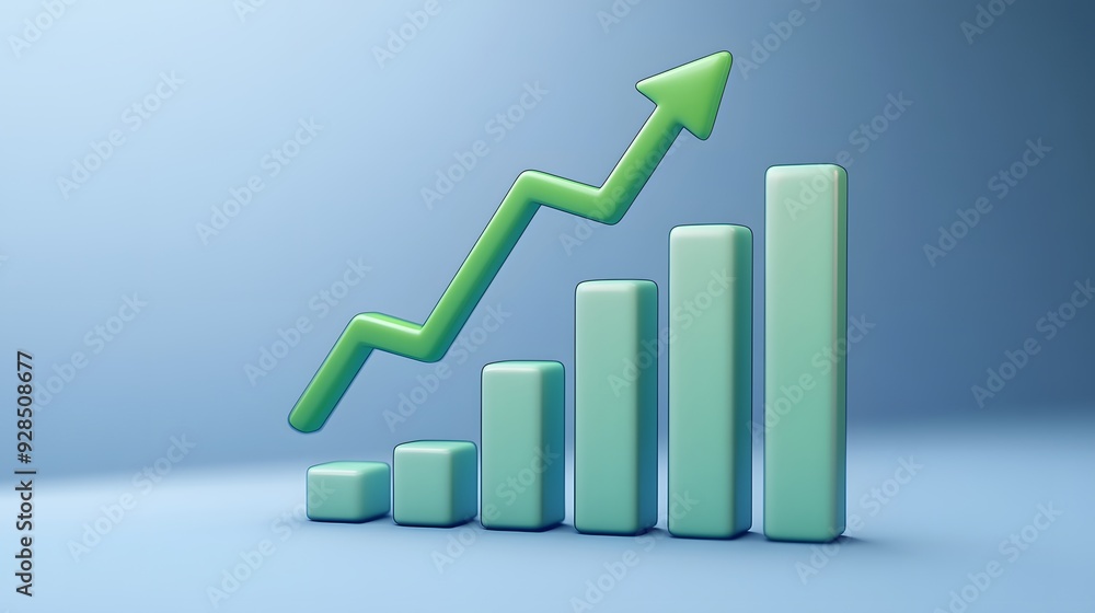3D green bar graph with an upward arrow on a blue gradient background, representing growth, success, and business improvement. 3D green bar graph with an upward arrow on a blue gradient background, representing growth, success, and business improvement.