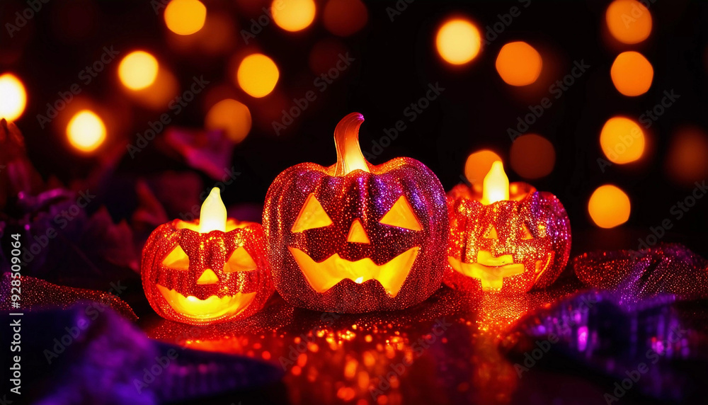 Purple Halloween Background with Pumpkin Head Jack Lantern with Burning Candles. A bright festive composition for your designs. Purple Halloween Background with Pumpkin Head Jack Lantern with Burning Candles. A bright festive composition for your designs.