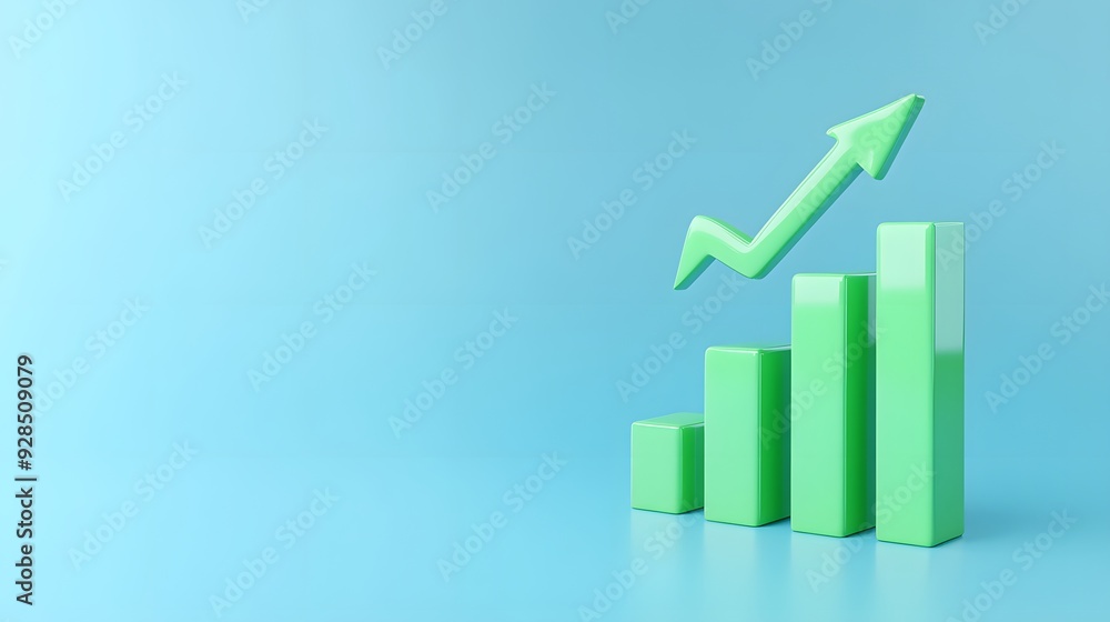 3D green bar graph with upward arrow on a blue background symbolizing growth, progress, and business improvement. 3D green bar graph with upward arrow on a blue background symbolizing growth, progress, and business improvement.