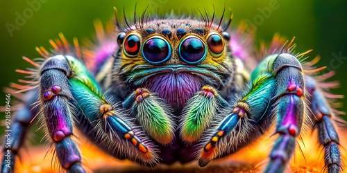 Vibrant close-up of a Phidippus sp. jumping spider, showcasing intricate details of its iridescent eyes, hairy legs, and striking color patterns on its rounded body.