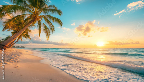 peaceful beach scene with soft white sand, gently swaying palm trees, and a turquoise ocean stretching out to the horizon. The sun is setting, casting a golden glow across the sky and water.