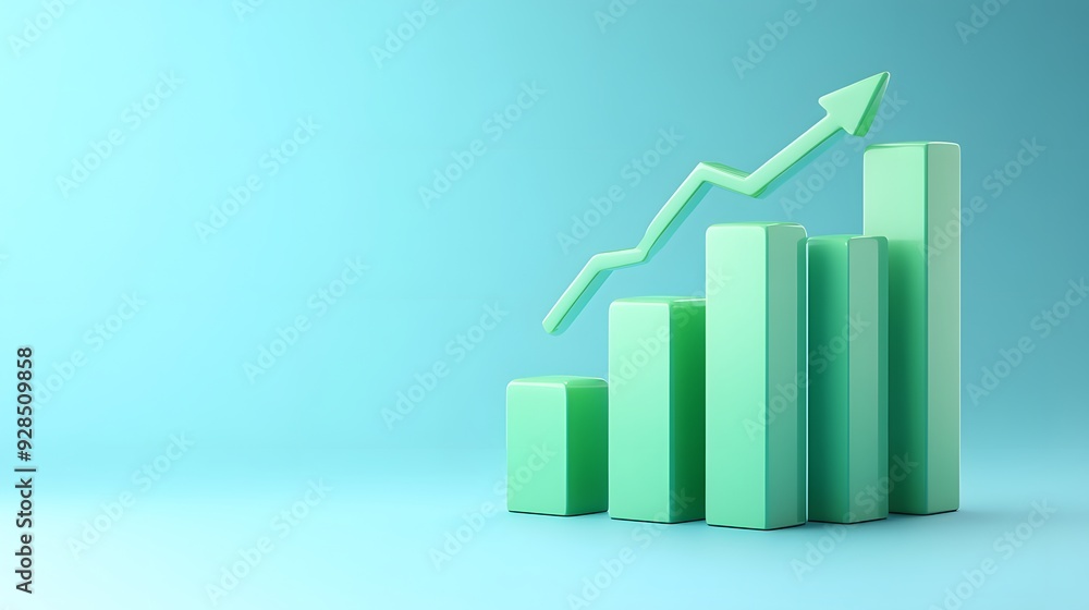 3D green bar graph with upward arrow trend showing business growth on a blue background, illustrating success in analytics and investment. 3D green bar graph with upward arrow trend showing business growth on a blue background, illustrating success in analytics and investment.