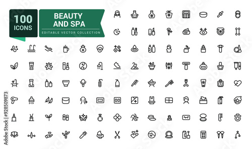 Beauty and Spa icon set of web and ui in line style. Cosmetics services Spa icons for web and mobile app. Editable stroke. Vector illustration.