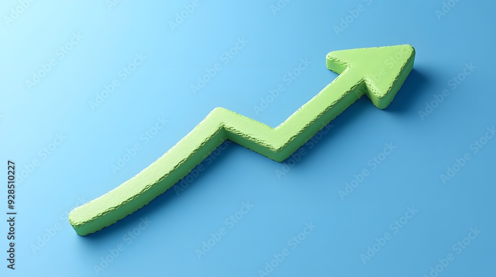 3D green upward arrow on a blue background symbolizing growth, progress, success, and business improvement. 3D green upward arrow on a blue background symbolizing growth, progress, success, and business improvement.