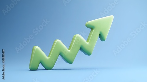 3D green zigzag arrow pointing upwards, symbolizing growth and progress against a light blue background. Ideal for business and finance concepts.