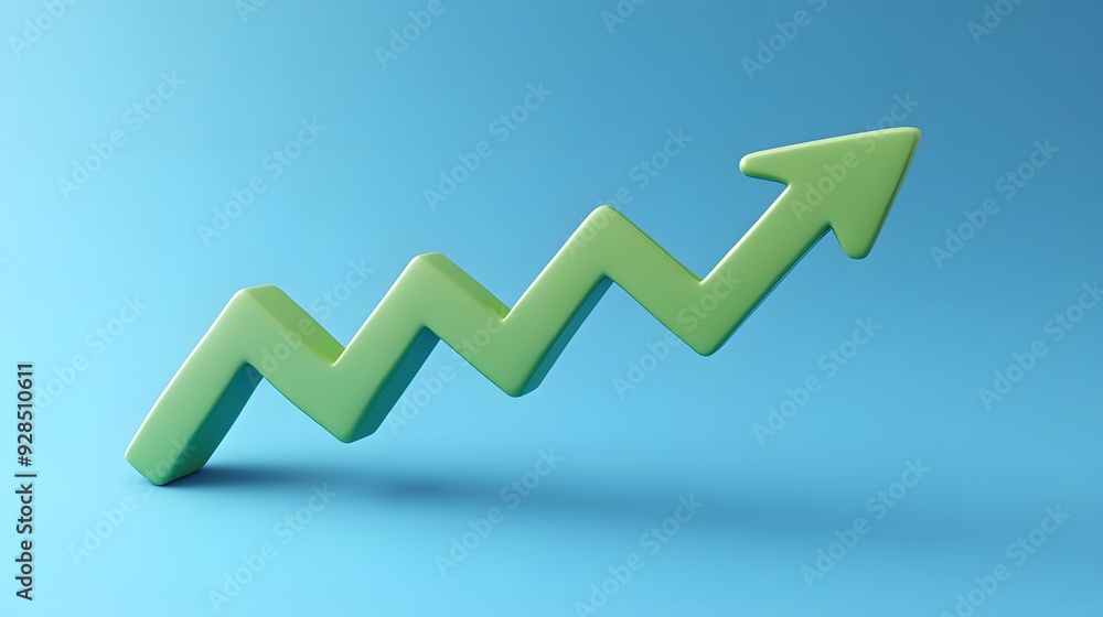3D green zigzag arrow sign pointing upward on a blue background, representing growth, success, or positive financial trend. 3D green zigzag arrow sign pointing upward on a blue background, representing growth, success, or positive financial trend.