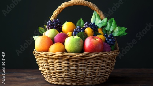 Ripe and Vibrant Organic Fruits in Wicker Basket - Realistic 3D Illustration of Fresh Juicy Produce