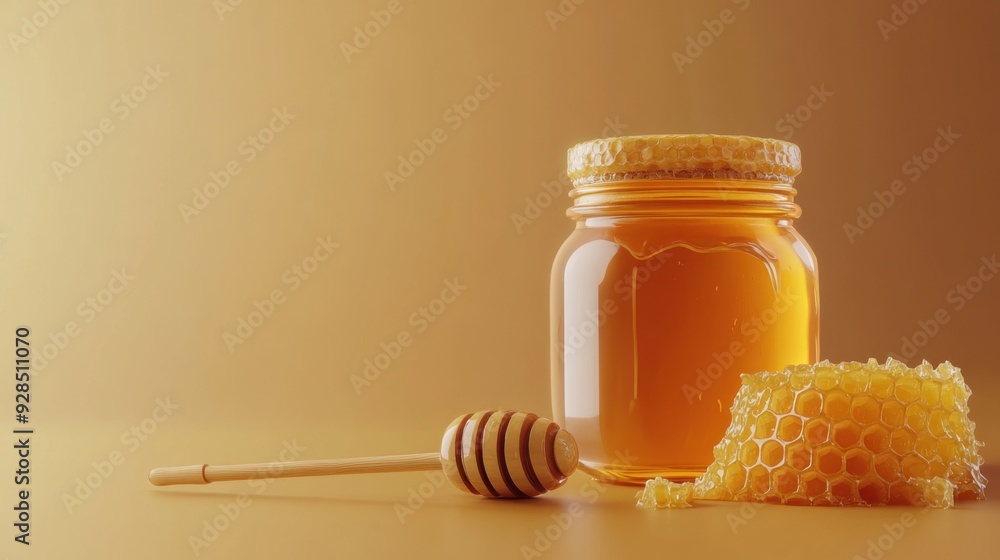 Sweet Organic Honey Jar with Honeycomb and Dipper - 3D Rendered Illustration for Natural Sweetness Concepts Sweet Organic Honey Jar with Honeycomb and Dipper - 3D Rendered Illustration for Natural Sweetness Concepts