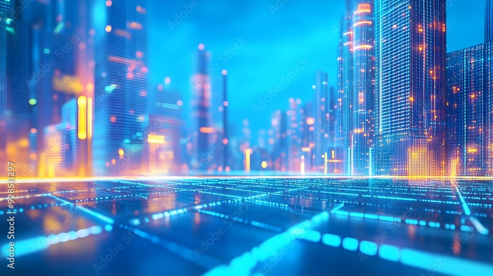 Futuristic Cityscape with Neon Lights and Grid Pattern Futuristic Cityscape with Neon Lights and Grid Pattern