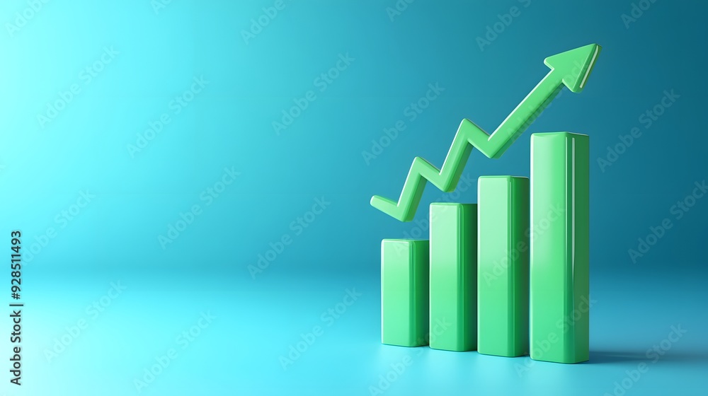3D illustration of green bar graph with upward arrow on blue background, representing growth, progress, and success in business or finance. 3D illustration of green bar graph with upward arrow on blue background, representing growth, progress, and success in business or finance.