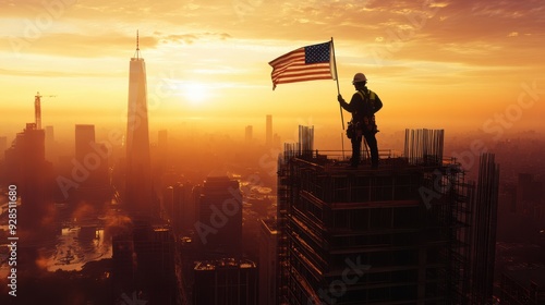 A dramatic image of a construction worker standing atop a high-rise building under construction, American flag in hand, looking out over a city skyline bathed in the golden light of sunset,