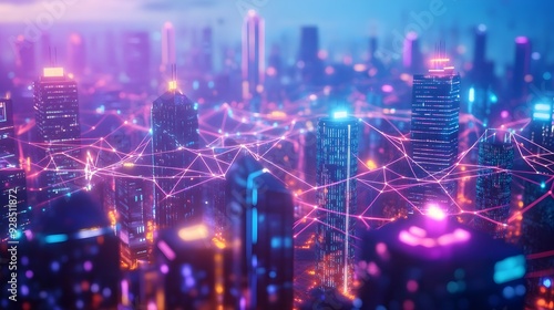 Futuristic Cityscape with Neon Lights and Network Connections