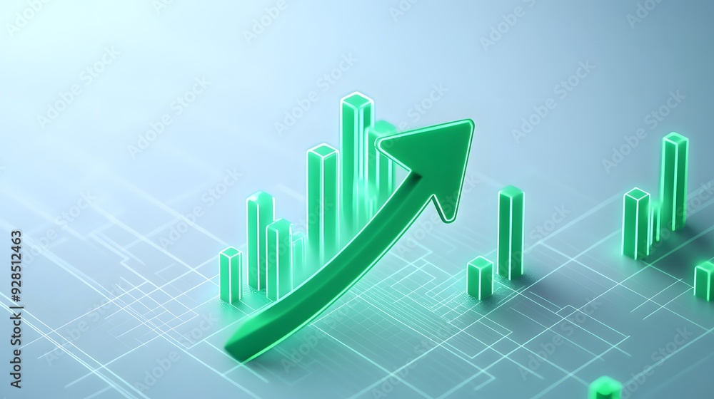 3D rendering of a green arrow rising alongside bar charts, representing financial growth and economic progress on a gradient background. 3D rendering of a green arrow rising alongside bar charts, representing financial growth and economic progress on a gradient background.