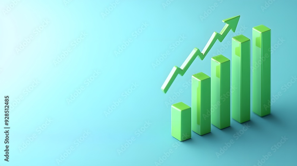 3D rendering of a green bar chart showing upward growth with an arrow, representing business success and financial progress on blue background. 3D rendering of a green bar chart showing upward growth with an arrow, representing business success and financial progress on blue background.