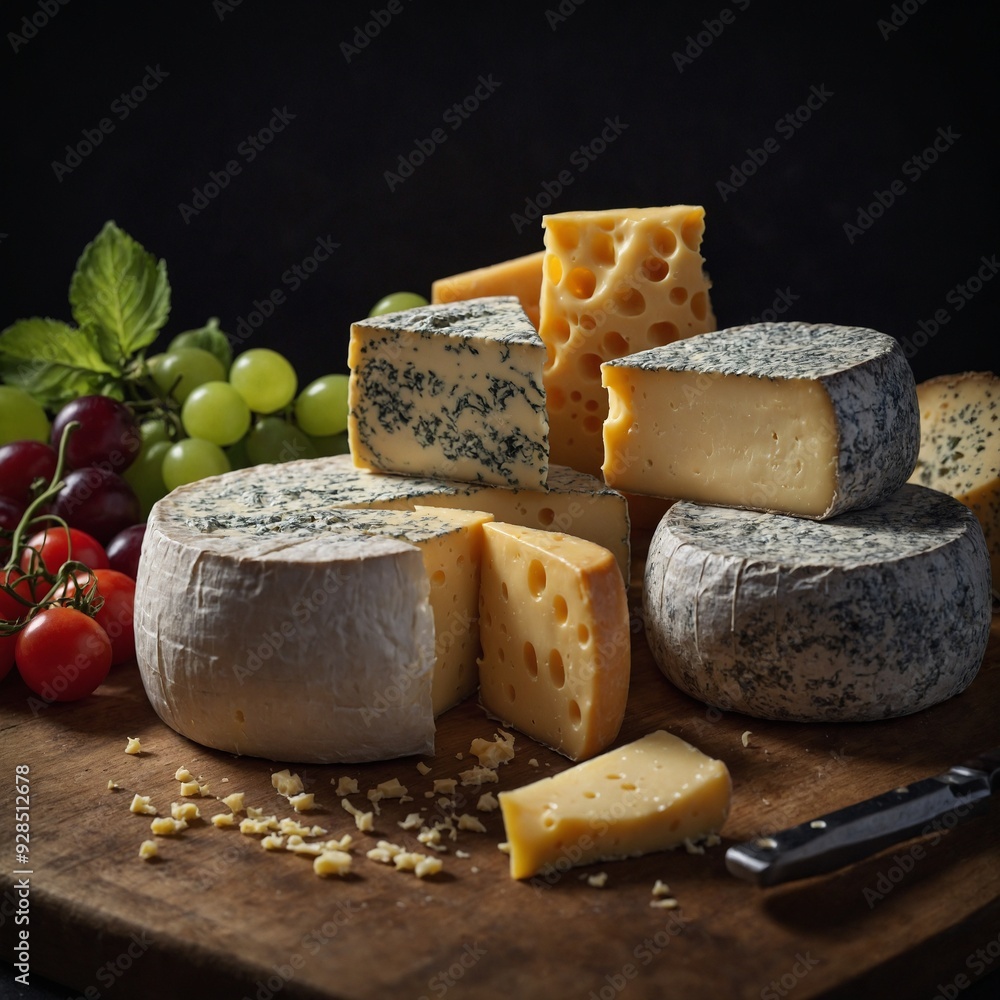 Fototapeta premium Relish in the excellence of cheese making with a beautifully styled cheese display featuring diverse and rich options for a sophisticated experience
