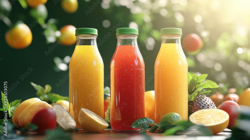 Vibrant Organic Juice Bottles - 3D Illustration of Fresh Fruit Drinks for Healthy Living Vibrant Organic Juice Bottles - 3D Illustration of Fresh Fruit Drinks for Healthy Living