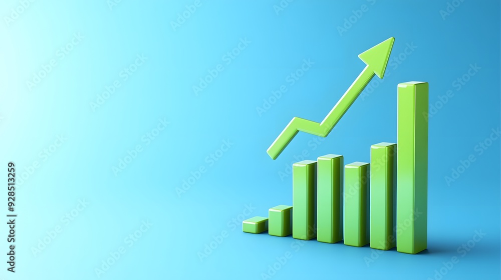 3D rendering of a green bar graph with an upward arrow showing growth and success on a blue background. 3D rendering of a green bar graph with an upward arrow showing growth and success on a blue background.