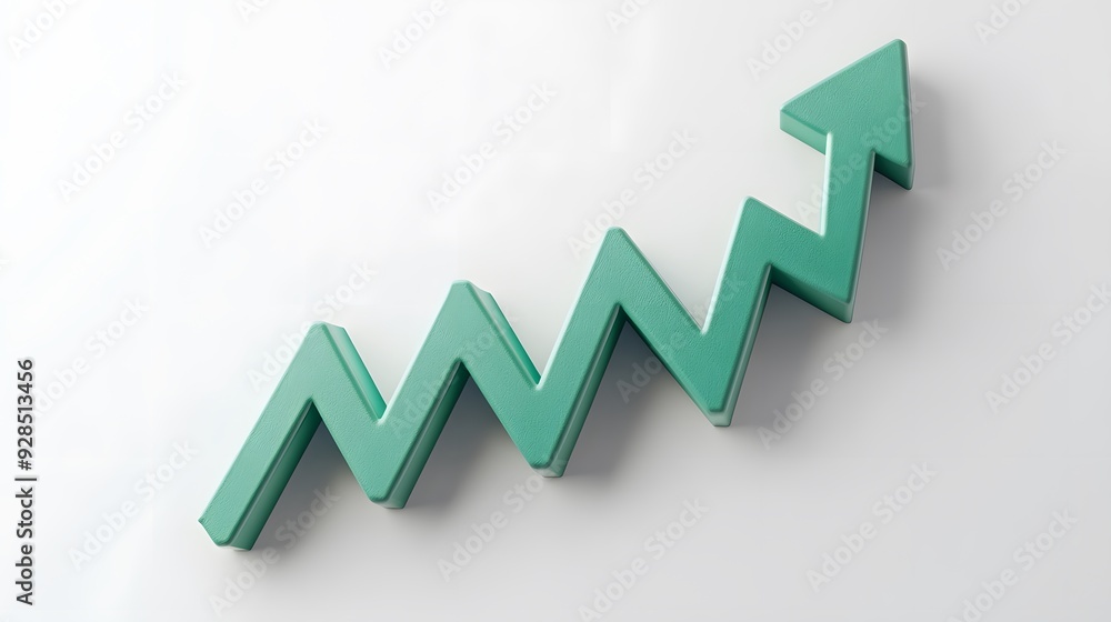 3D rendering of a green zigzag arrow pointing upwards on a white background, symbolizing growth, success, and upward trend. 3D rendering of a green zigzag arrow pointing upwards on a white background, symbolizing growth, success, and upward trend.