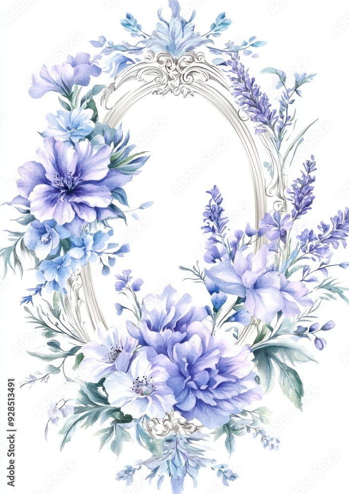 A decorative floral arrangement in shades of blue and white within an ornate frame. A decorative floral arrangement in shades of blue and white within an ornate frame.