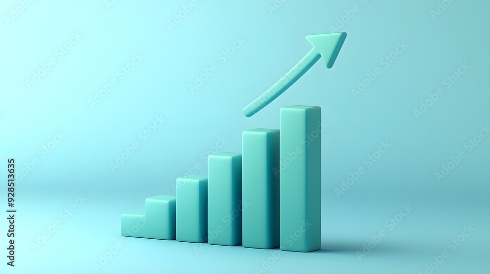 3D rendering of an upward arrow graph on a light blue background, symbolizing growth, progress, and positive business trend.