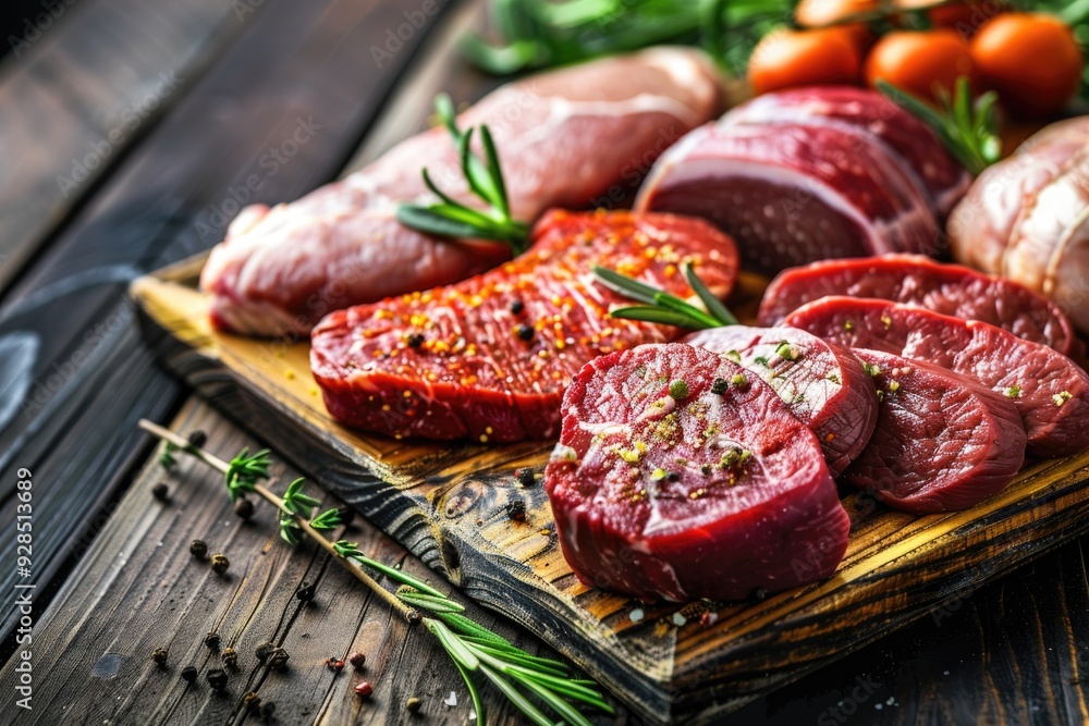 Assorted Raw Beef Steaks on Rustic Wooden Table - Premium Cuts of Fresh Meat Assorted Raw Beef Steaks on Rustic Wooden Table - Premium Cuts of Fresh Meat