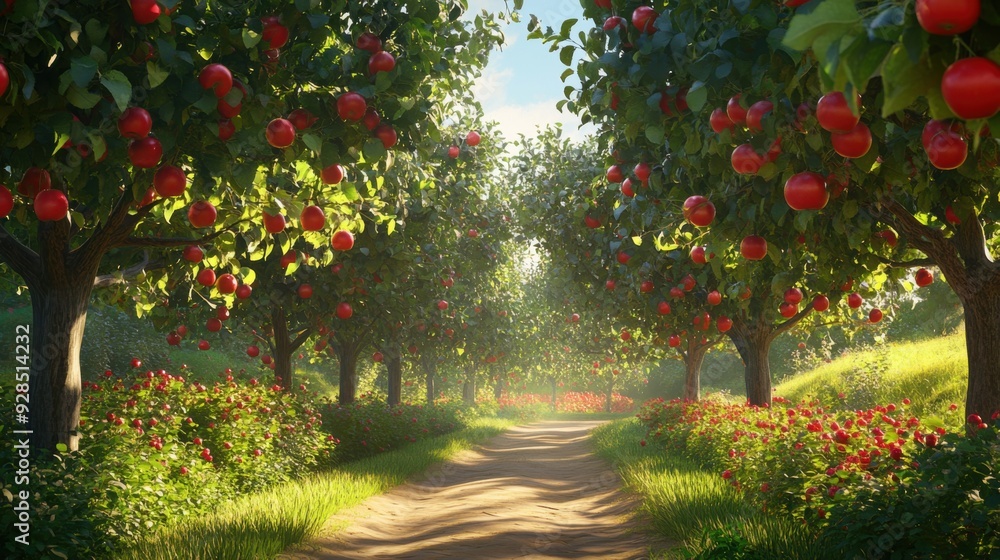 Fototapeta premium Lush Organic Apple Orchard with Ripe Apples - Vibrant 3D Illustration of Abundant Fruit Trees in a Sunny Garden