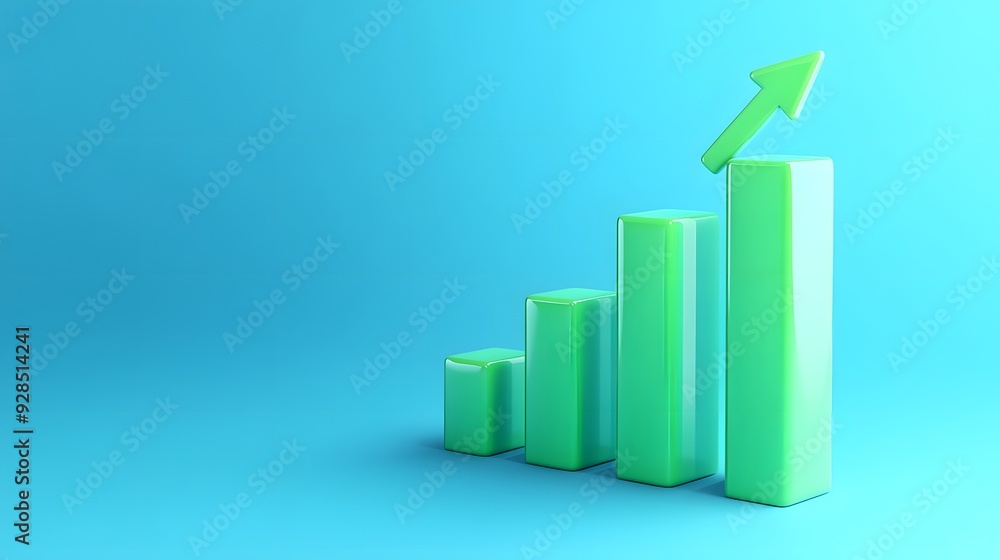 A 3D bar graph with an upward trend arrow, representing growth and success against a blue background. Perfect for business and finance concept. A 3D bar graph with an upward trend arrow, representing growth and success against a blue background. Perfect for business and finance concept.