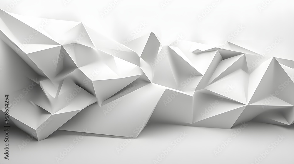 8. Sleek, angular 3D shapes forming a complex geometric design against a clean white surface. 8. Sleek, angular 3D shapes forming a complex geometric design against a clean white surface.