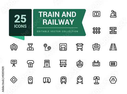 Set of train and railway icons. Collection and pack of linear web and UI icons. Editable stroke. Pixel perfect, minimalistic web and UI icon. Vector illustration.