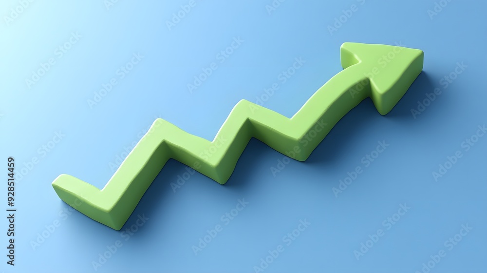 A 3D green zigzag arrow pointing upward on a blue background, representing growth, success, and positive progress. A 3D green zigzag arrow pointing upward on a blue background, representing growth, success, and positive progress.