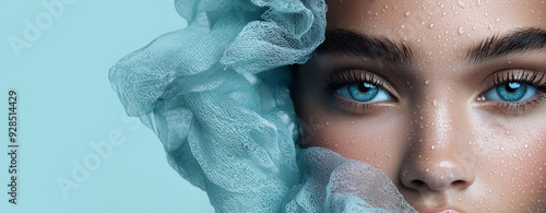 Bellissima modella con un velo colorato come acconciatura su uno sfondo azzurro