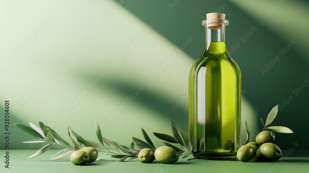 Healthy Organic Olive Oil in 3D with Fresh Olives and Leaves - Conceptual Render for Food and Cooking Industry Healthy Organic Olive Oil in 3D with Fresh Olives and Leaves - Conceptual Render for Food and Cooking Industry