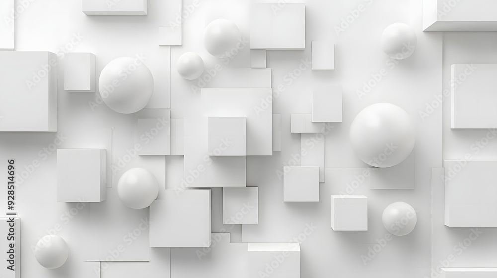 9. Abstract 3D wall art showcasing interspersed cubes and spheres in a minimalistic white setting. 9. Abstract 3D wall art showcasing interspersed cubes and spheres in a minimalistic white setting.