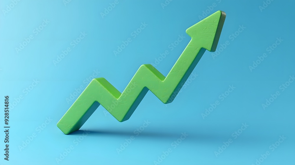 A green 3D arrow graph representing growth and success on a blue background, ideal for business, finance, and economic presentations. A green 3D arrow graph representing growth and success on a blue background, ideal for business, finance, and economic presentations.