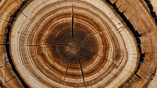 Close-up view of tree rings from a cut log, showing growth rings, cracks, and natural wood texture.