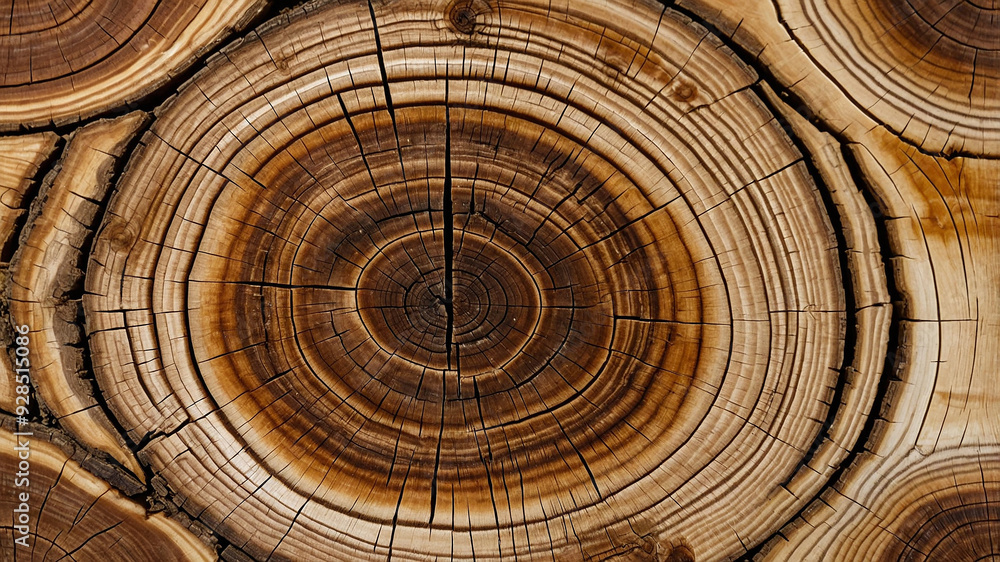 Fototapeta premium Close-up view of tree rings from a cut log, showing growth rings, cracks, and natural wood texture.