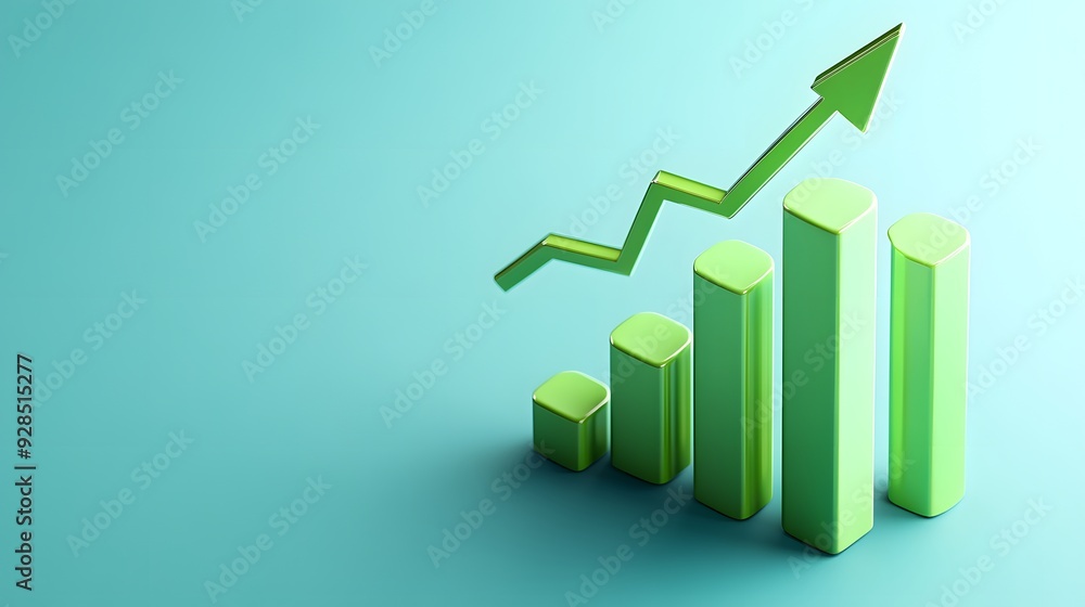 A green bar graph showing an upward trend with an arrow symbolizing business growth and success against a teal background. A green bar graph showing an upward trend with an arrow symbolizing business growth and success against a teal background.