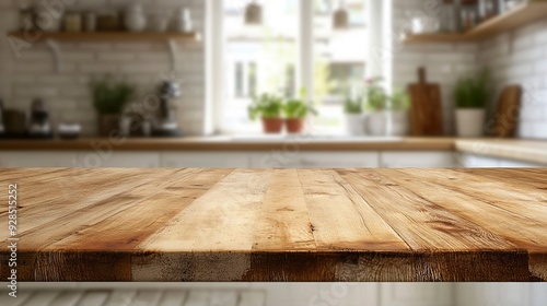 Wood table top on blurred kitchen background. can be used mock up for montage products display or design layout. Generative ai