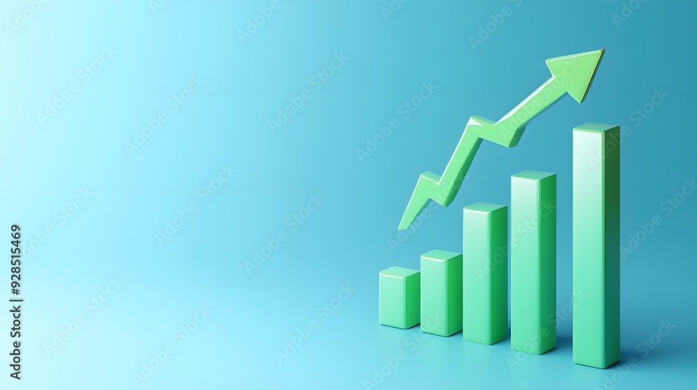 A green bar graph with an upward arrow symbolizing growth, success, and progress on a blue background, perfect for business and finance themes.