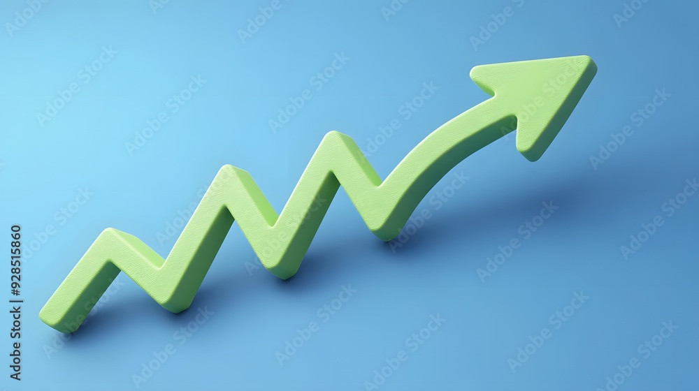 A green zigzag arrow on a blue background represents growth, success, and positive trends in business or financial data. A green zigzag arrow on a blue background represents growth, success, and positive trends in business or financial data.