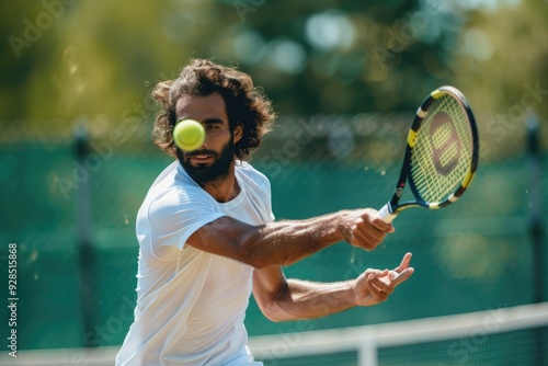 Focused Tennis Player in Action on Outdoor Court photo