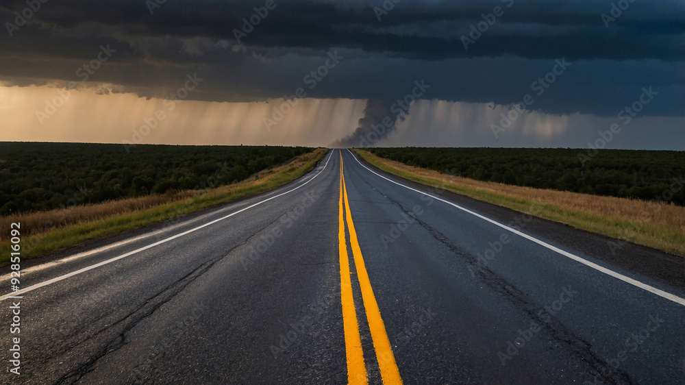 Fototapeta premium Long road under dark stormy skies with light breaking through, fading into horizon.